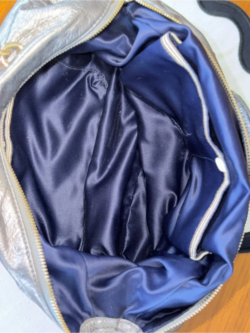 Henri Bendel Metallic Gunmetal Leather Satchel | Navy Satin Lining | Hangtag